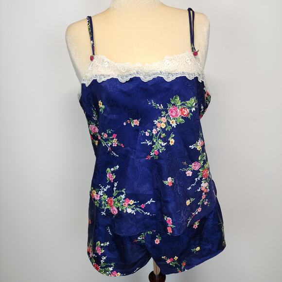 Vintage Inner Most Floral Satin Pajama Set Size XL Blue Lace Trim Chemise Shorts - Picture 3 of 16